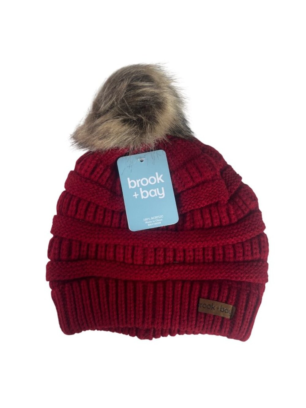Brook Bay Knit Beanie Hat Faux Fur Pom OS Red New Winter